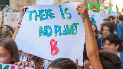 Junge Demonstranten halten ein selbst gemaltes Plakat mit der Aufschrift "There ist no planet B" hoch